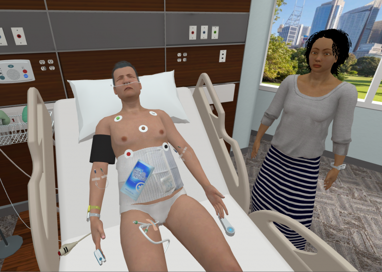Abdominal Surgery patient in a VR simulation with controlled analgesia binder